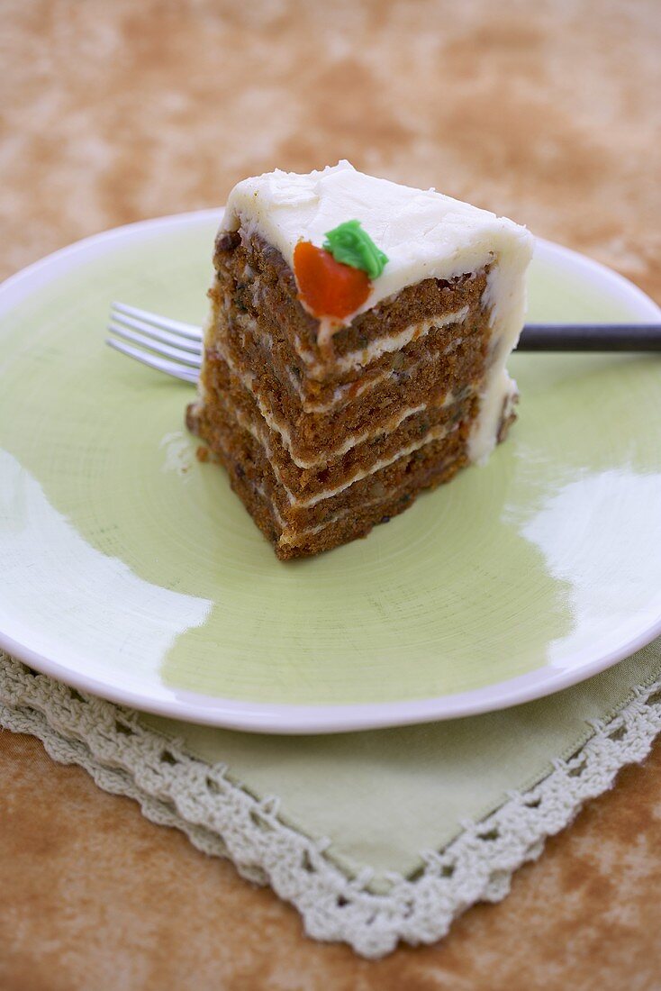 Slice of Carrot Cake on a Plate; Fork