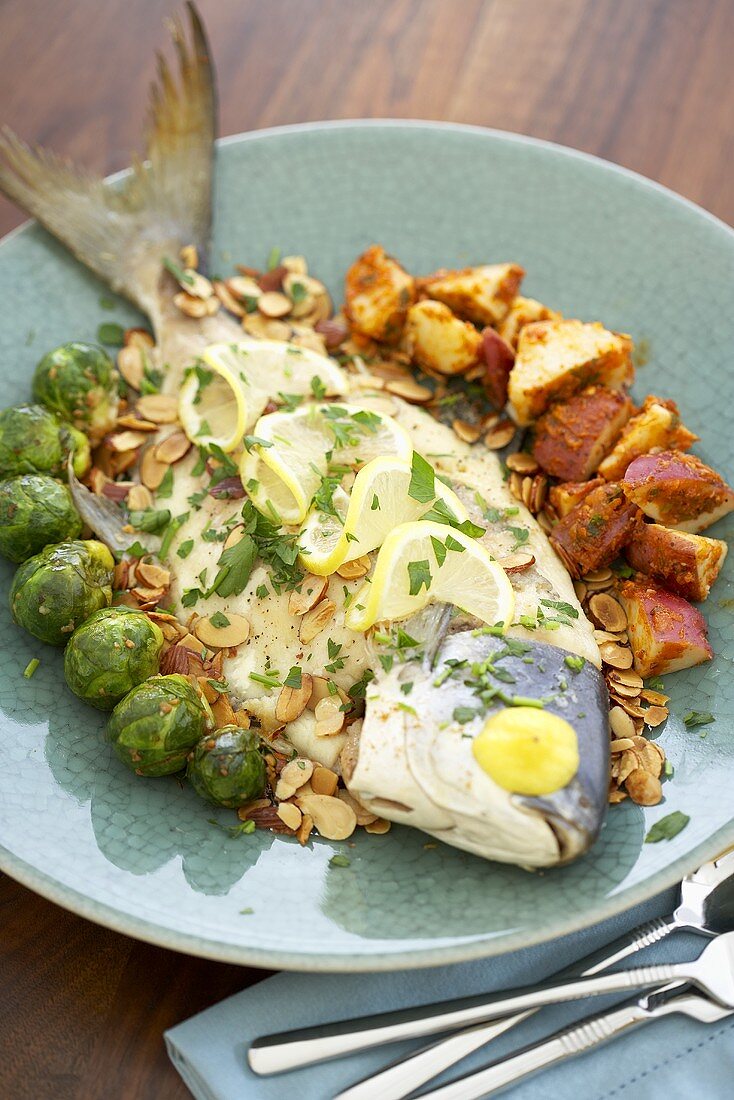 Whole Pompano Fish with Brussels Sprouts and Potatoes