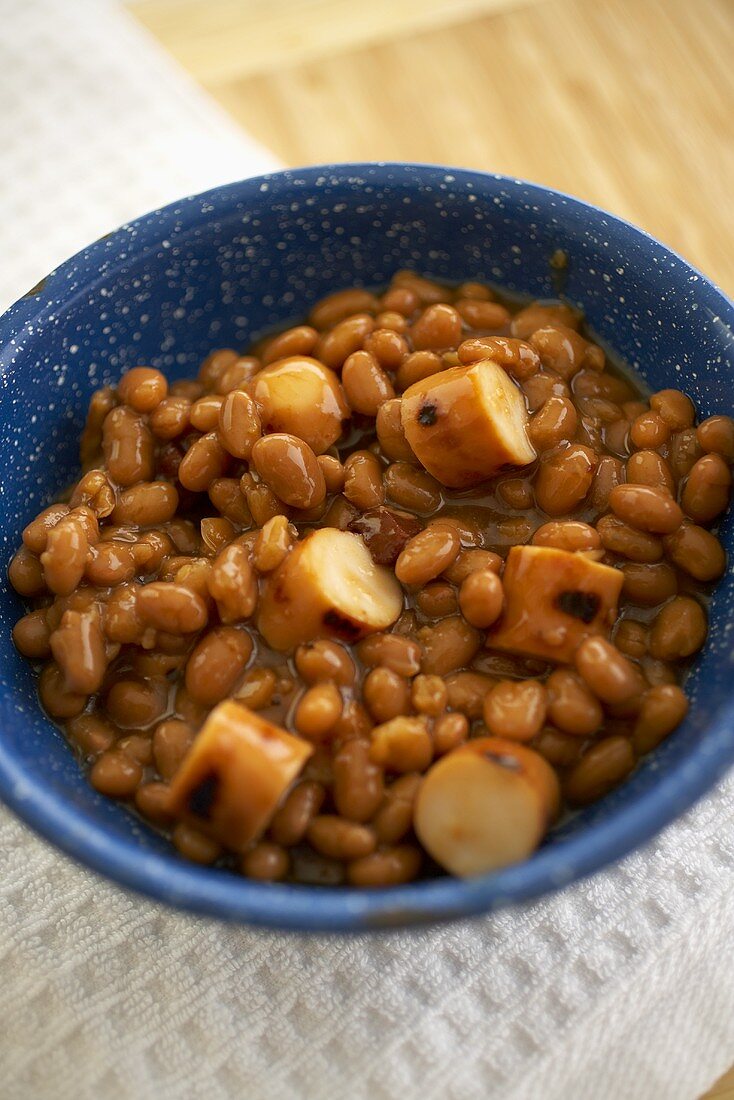 Beans and Franks in a Blue Bowl