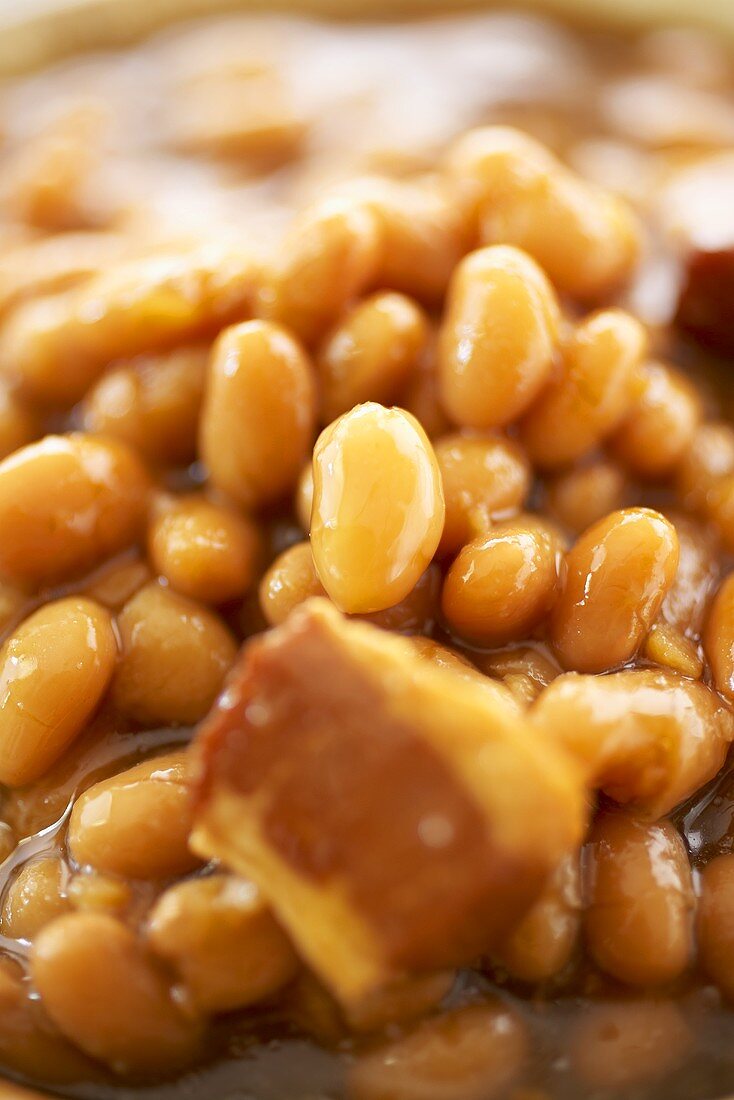 Close Up von Baked Beans mit Speck (Bohneneintopf, USA)
