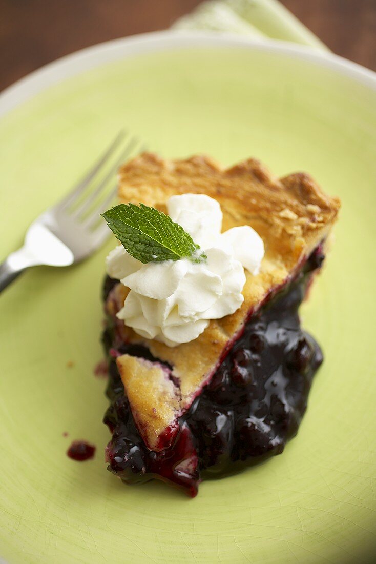 Slice of Blueberry Pie on a Green Plate; Fork