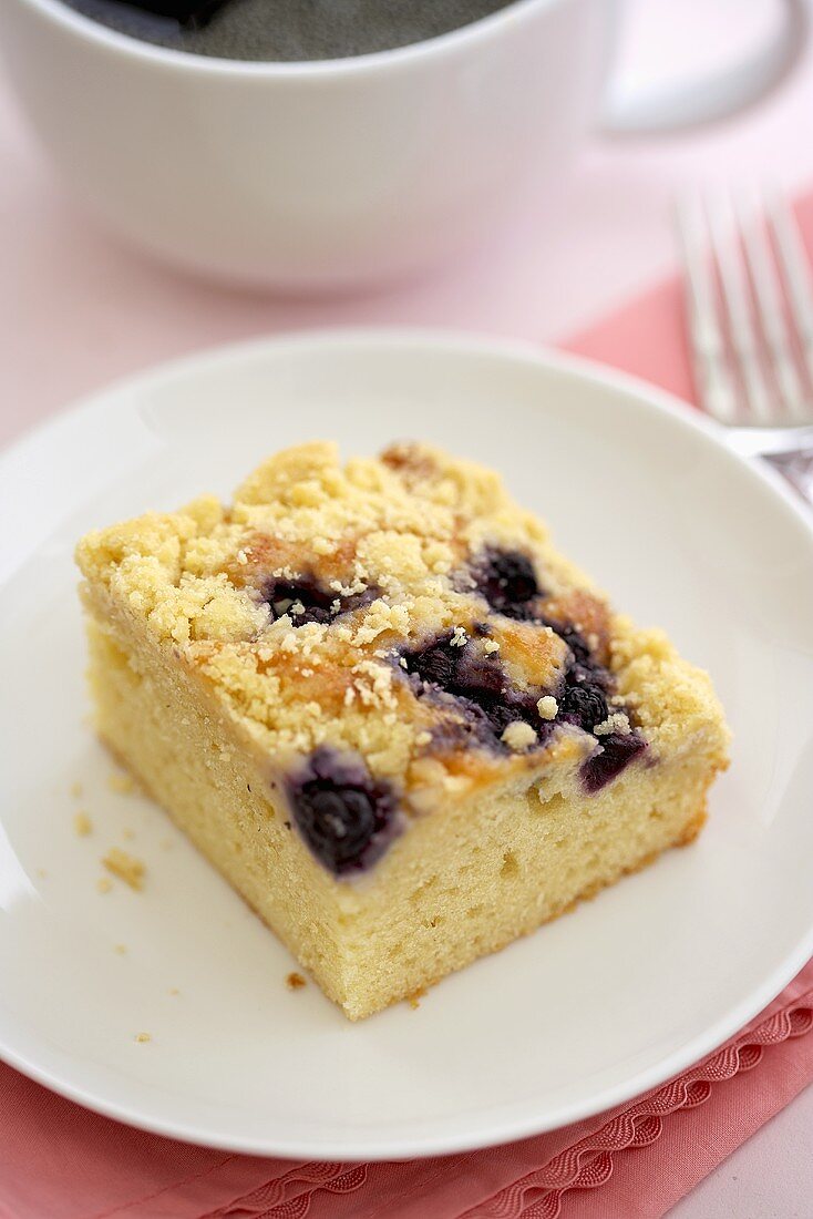 Piece of Blueberry Crumb Coffee Cake; With Coffee