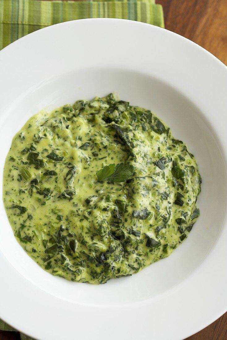 Creamed Spinach in a White Bowl; From Above