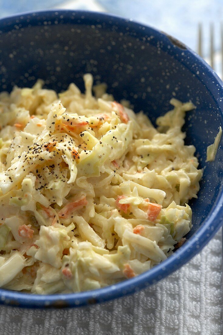 Coleslaw in a Blue Bowl; Close Up