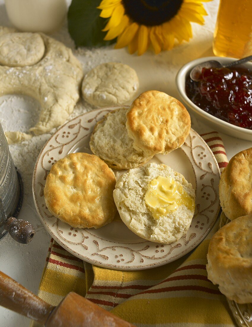 Southern Style Biscuits with Butter and Strawberry Jam