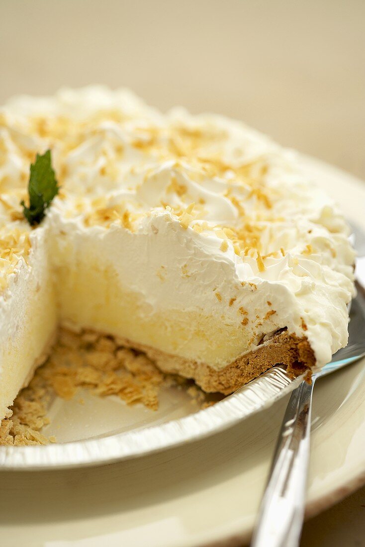 Coconut Cream Pie with a Slice Removed; Close Up