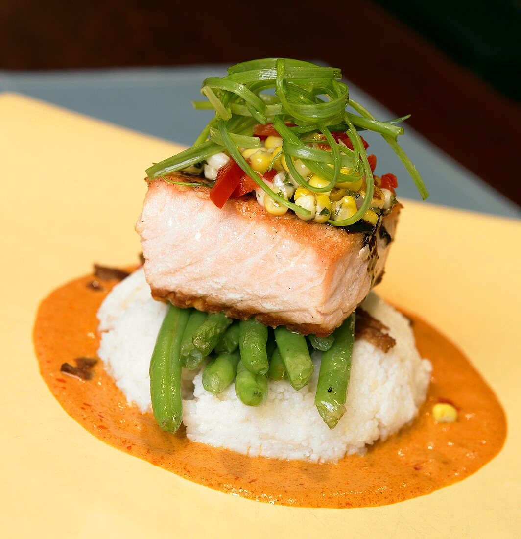 Salmon on Green Beans, Mashed Potatoes and Sauce