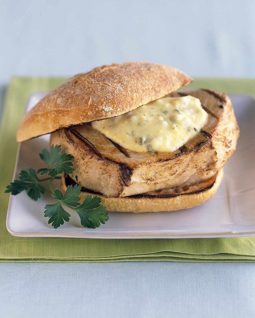 Grilled Tuna Sandwich with Tartar Sauce on a Grilled Bun