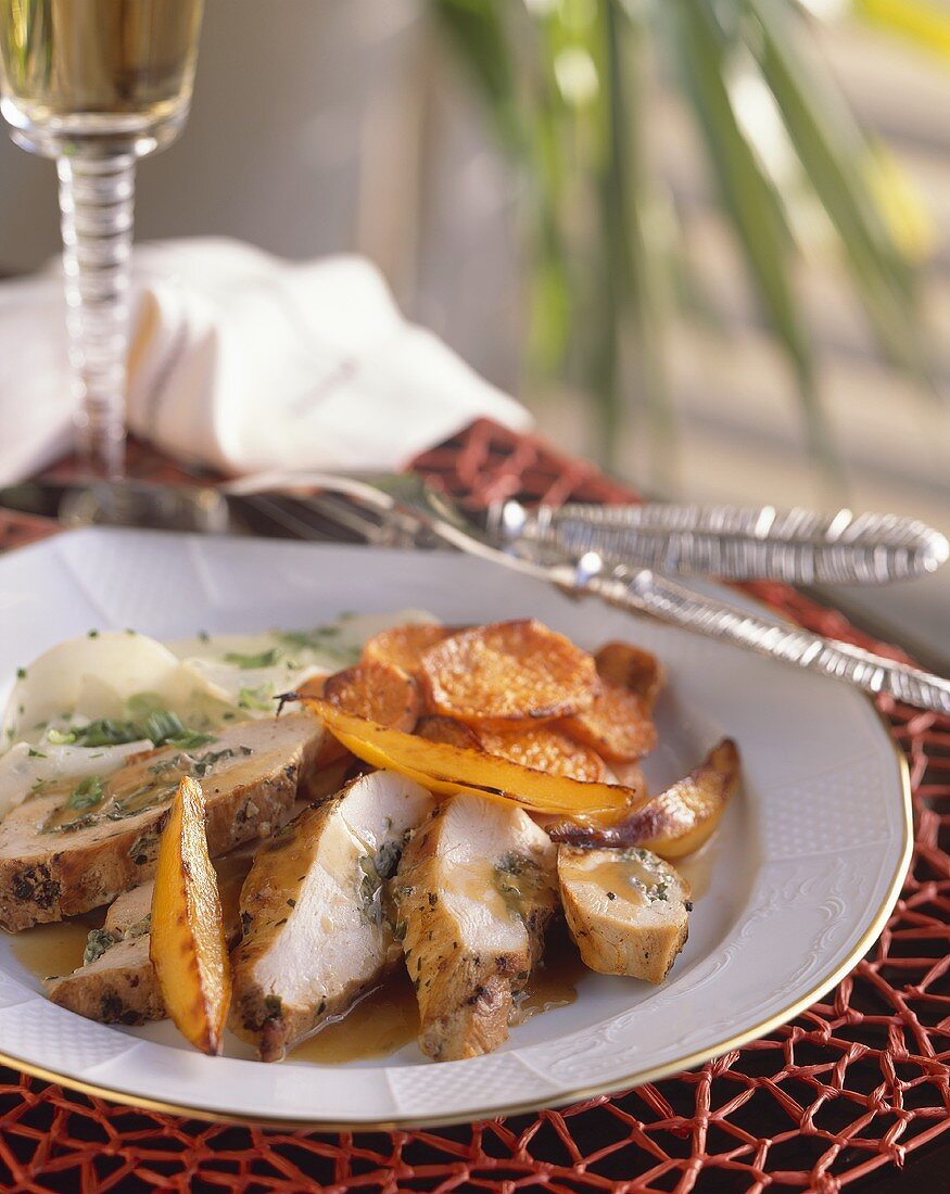 Plate of Sliced Pork with Gravy and Sweet Potatoes