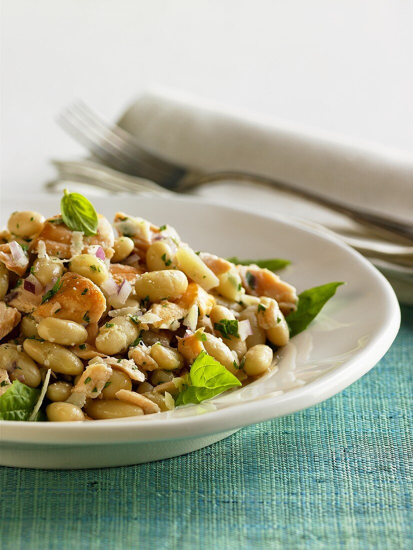 Salmon and White Bean Salad in a White Bowl