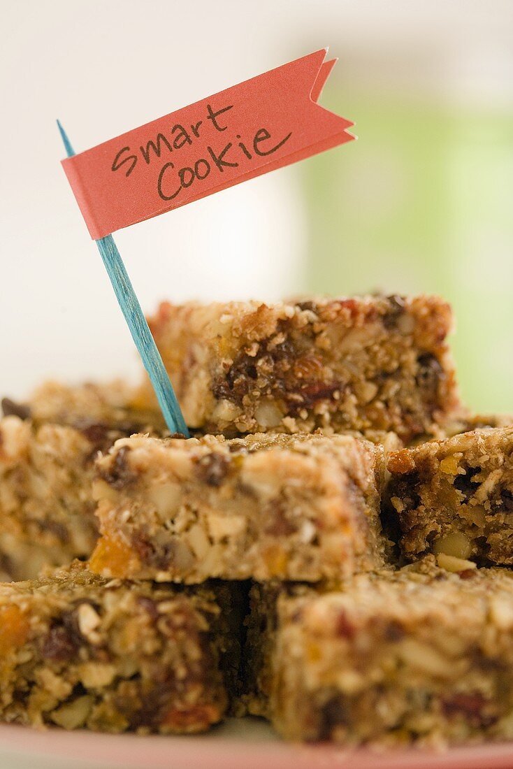 Oat Bars Stacked on a Plate with Smart Cookie Tag