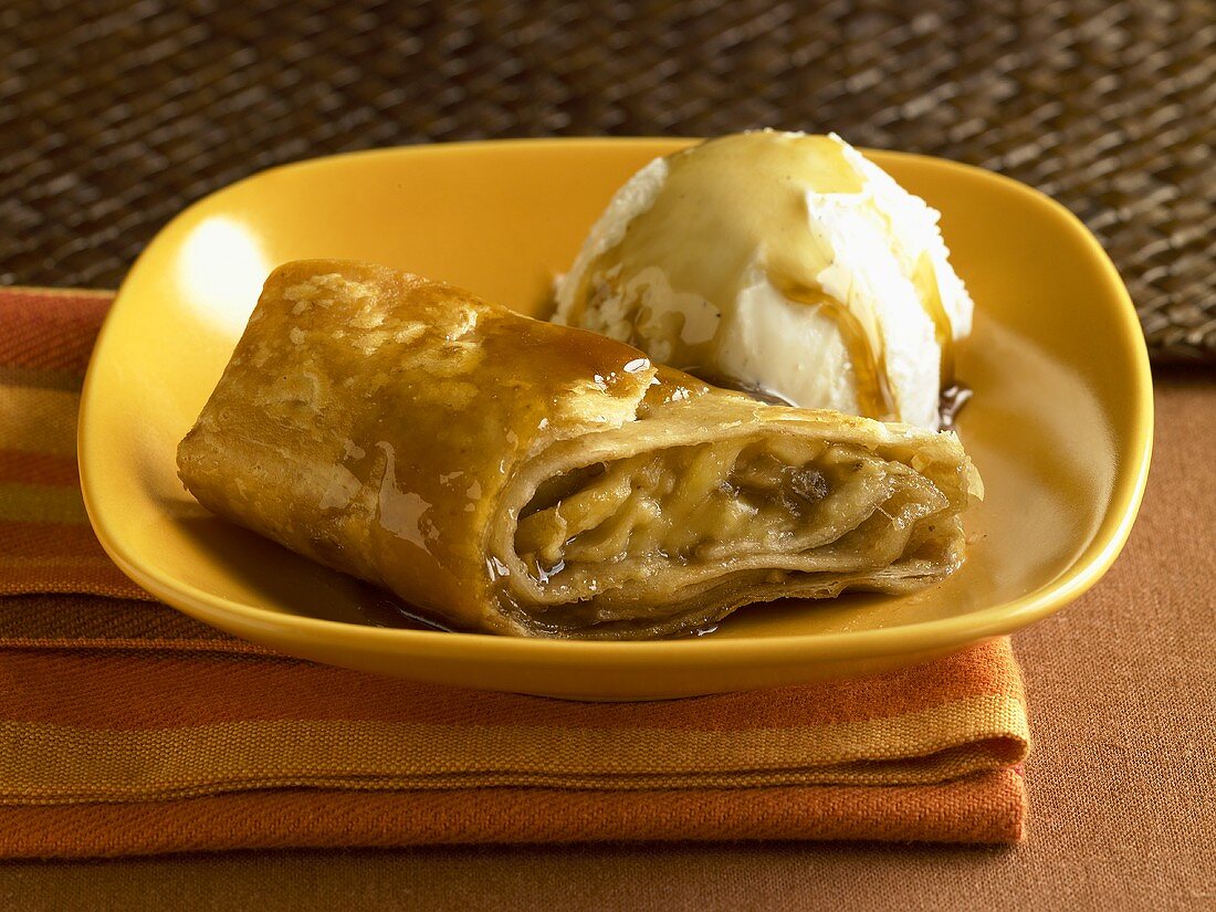 Banana Foster Burrito with a Scoop of Vanilla Ice Cream