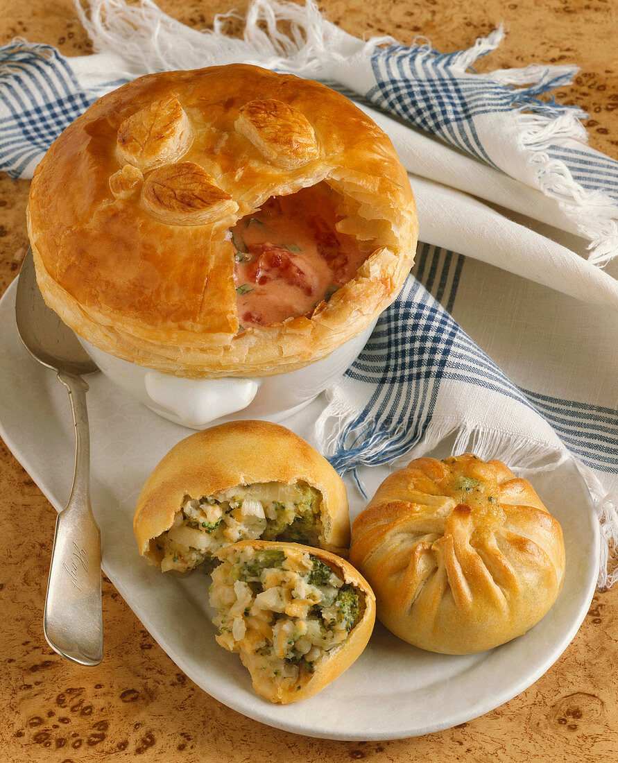 Chunky Tomato Soup with a Pastry Topping; Broccoli and Cheddar Filled Pastries