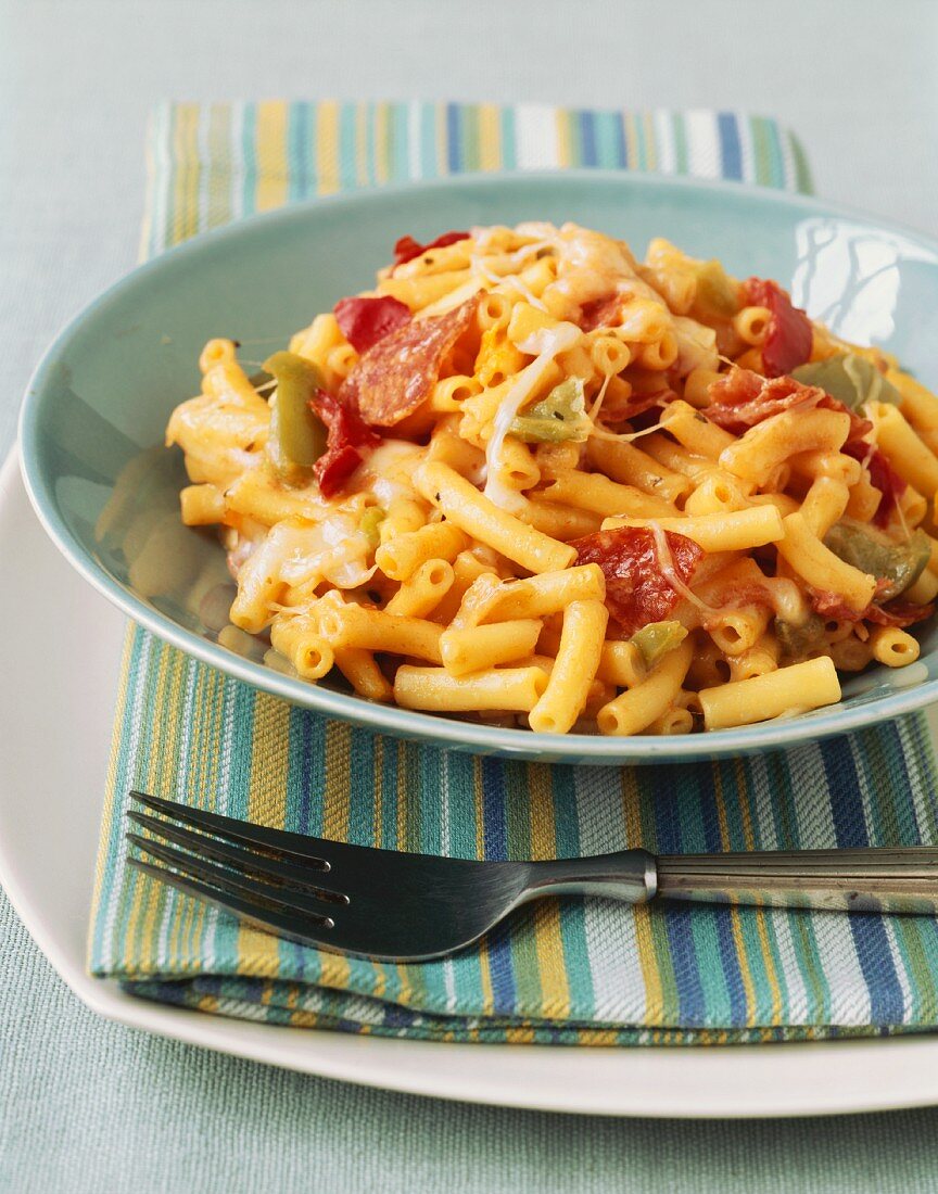 Bowl of Macaroni with Cheese, Pepperoni and Peppers
