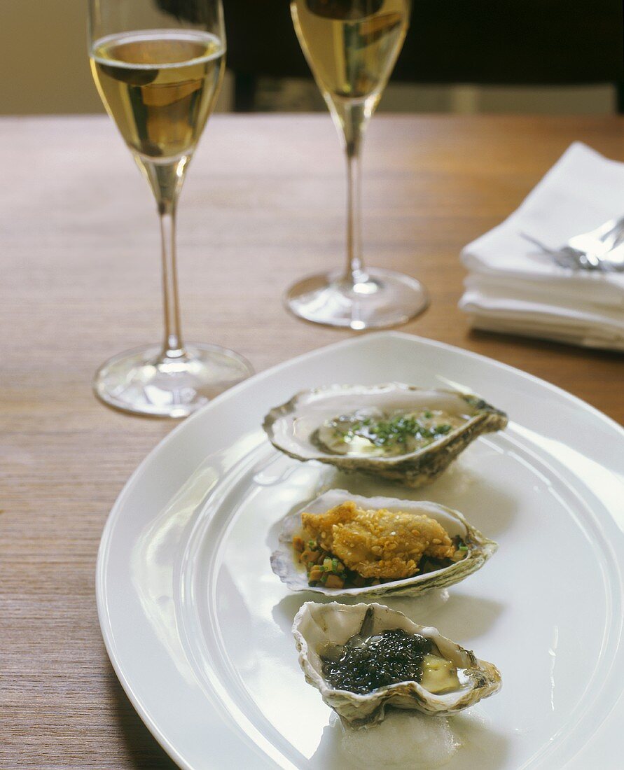 Oysters Three Ways; With Chives, Fried and With Caviar; Champagne