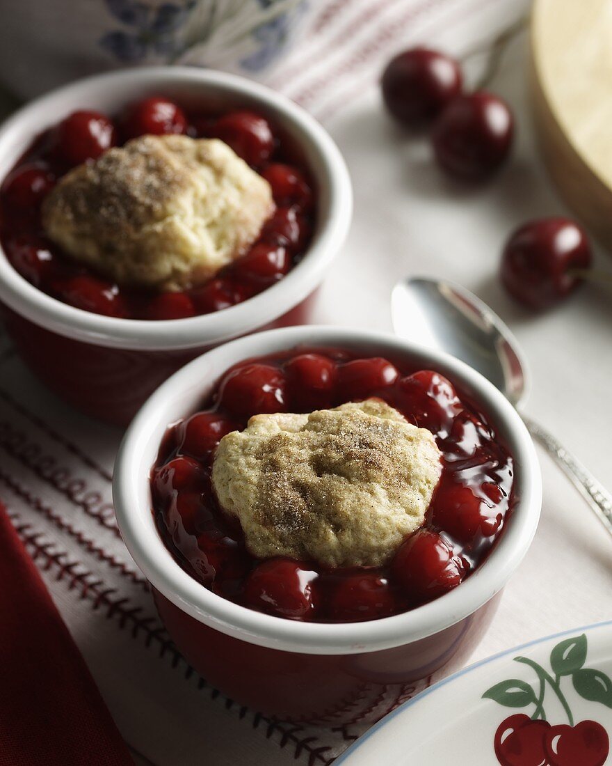 Two Cherry Cobblers in Individual Red & White Ramekins