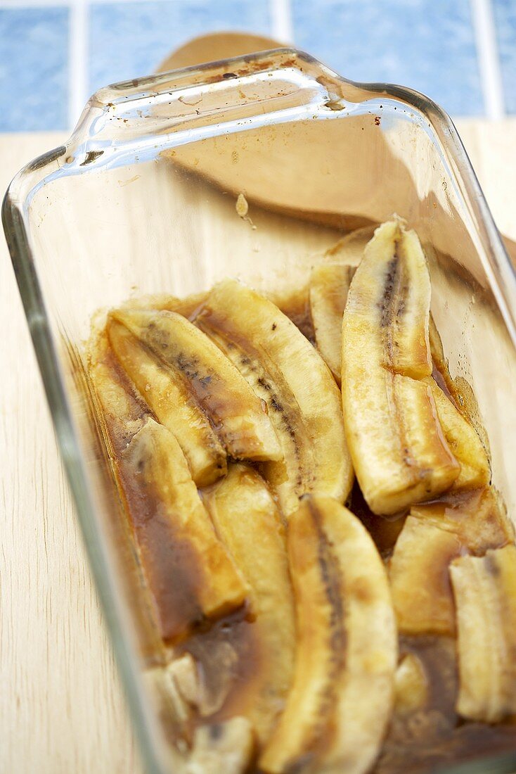 Baked Bananas in a Baking Dish, From Above
