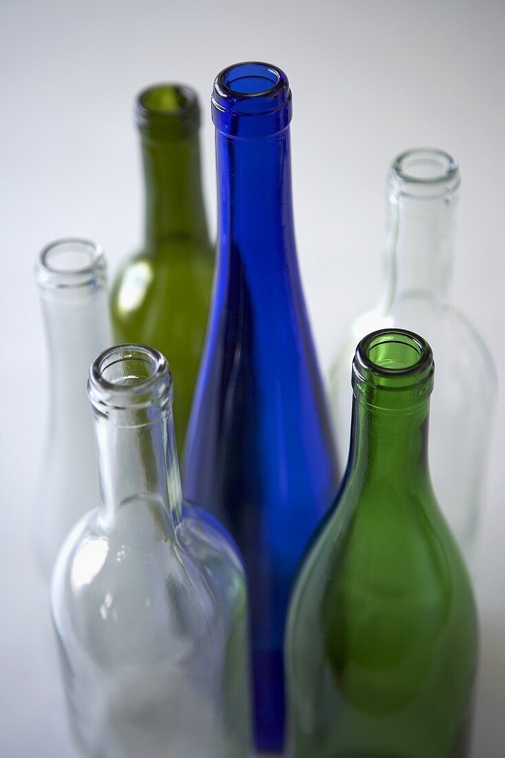 Assorted Empty Wine Bottles, Clear, Blue and Green
