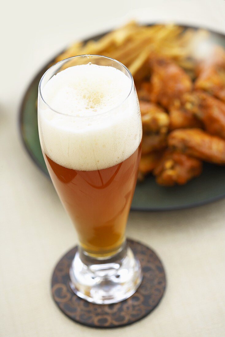 Glass of Amber Beer, Buffalo Wings