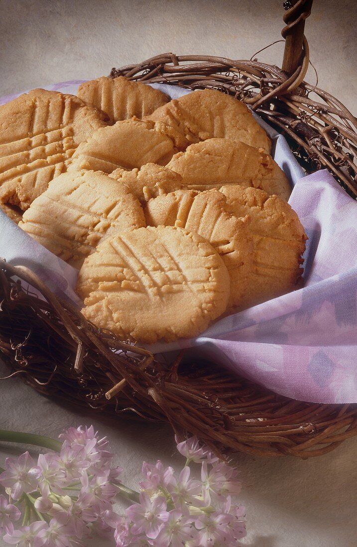 Peanut Butter Cookies in a Cloth Lines Basket