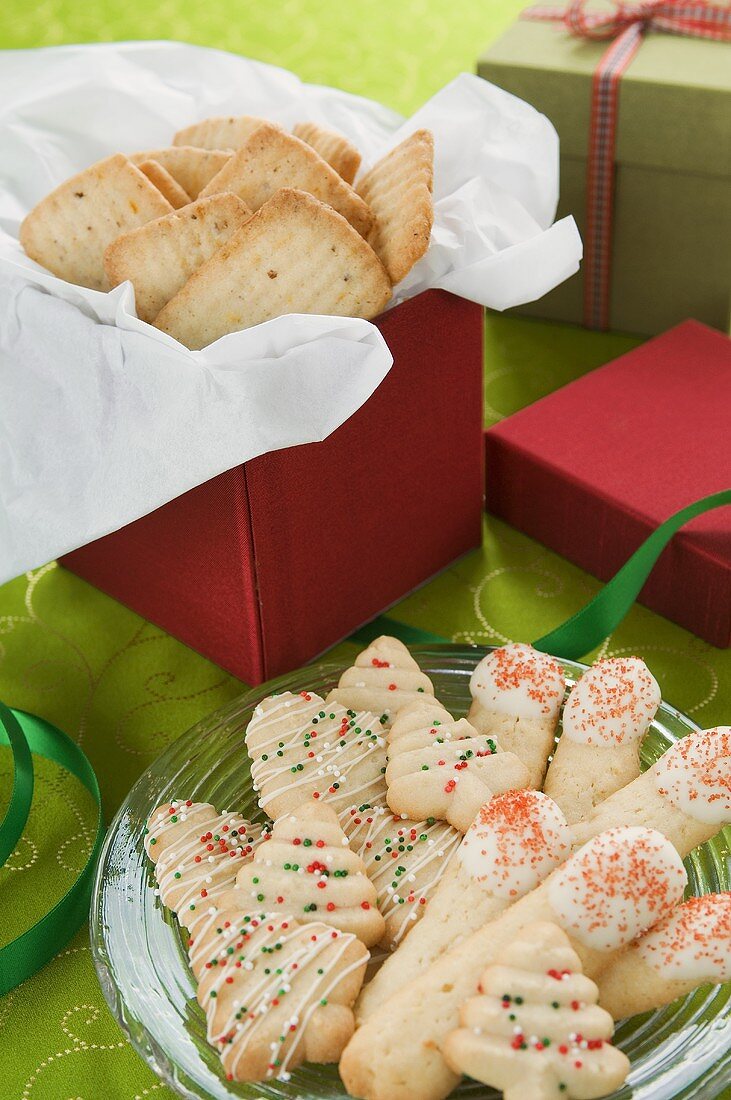 Assorted Christmas Cookies, On a Plate and In a Box