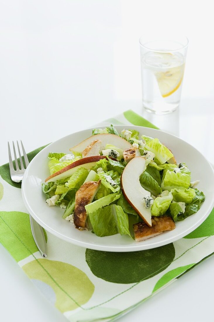 Chicken and Pear Salad with Blue Cheese, Glass of Water with Lemon