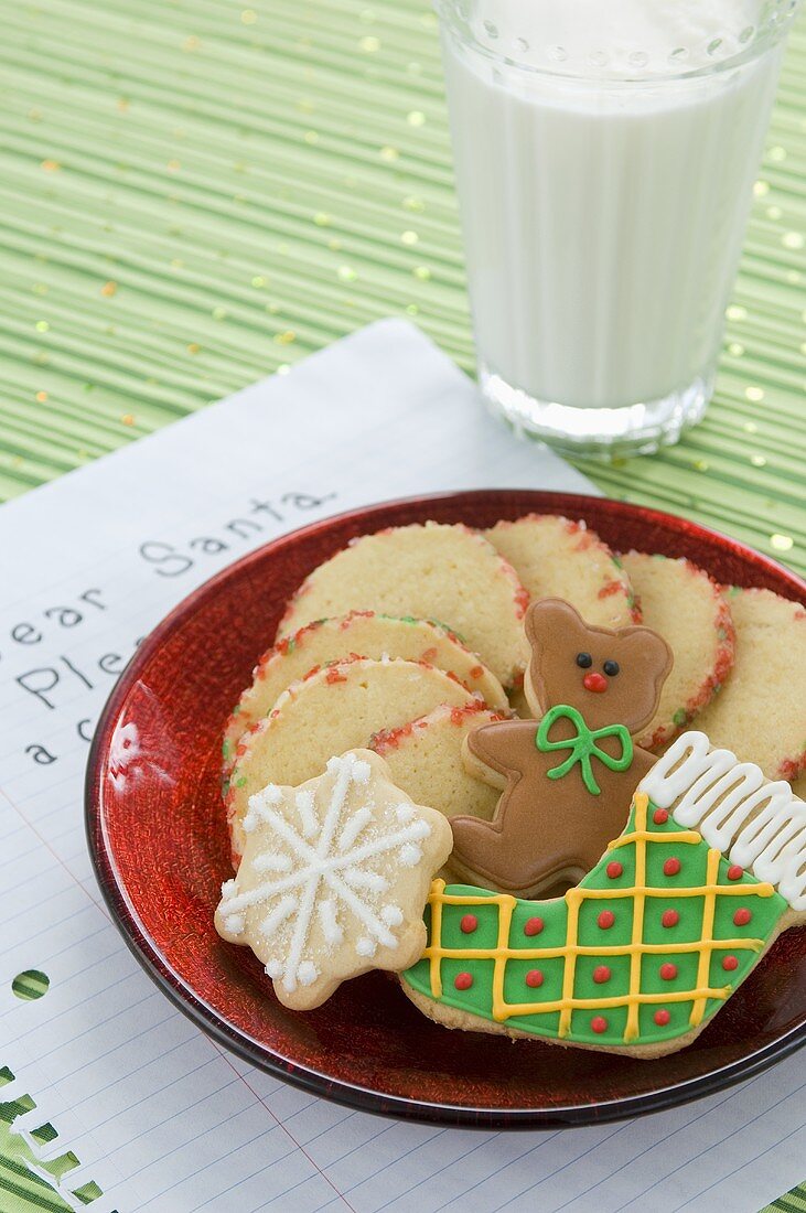 Assorted Christmas Cookies on a Plate on a Letter to Santa, Glass o d Milk