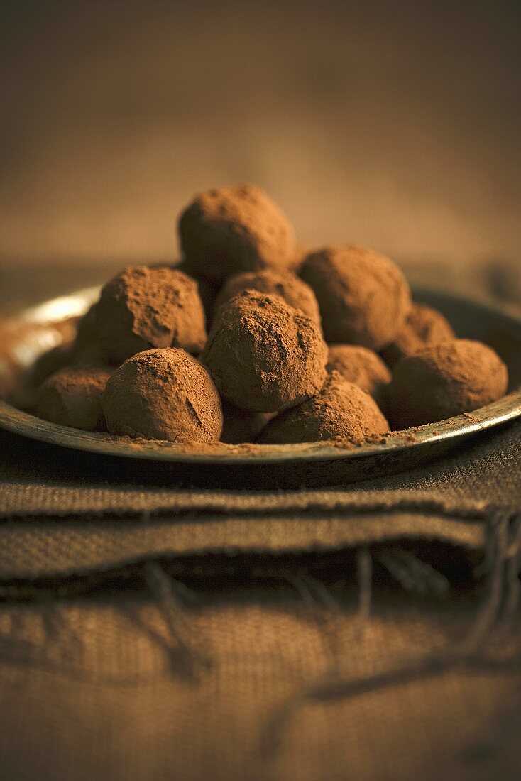 Chocolate Truffles Piled on a Metal Plate