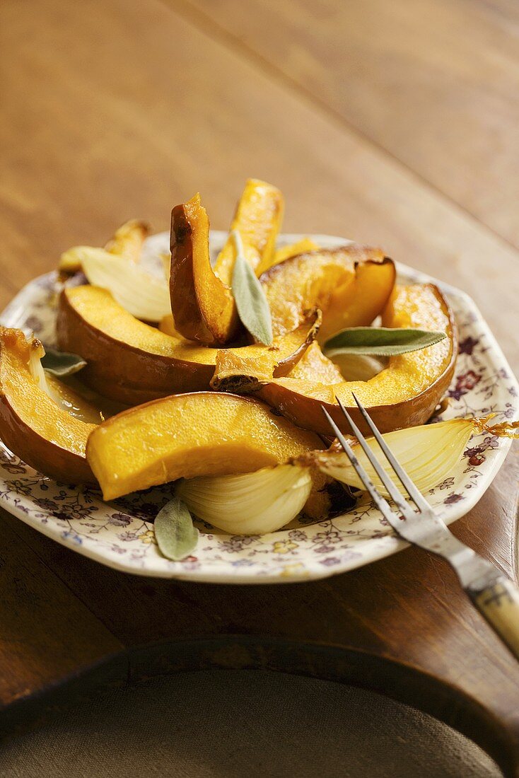 Roasted Pumpkin and Onions on a Small Plate with Fork