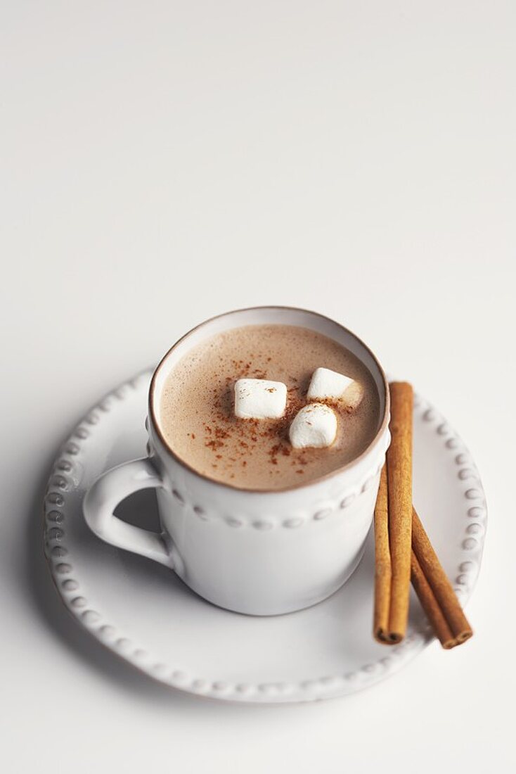 Eine Tasse heiße Schokolade mit Marshmallows und Zimt
