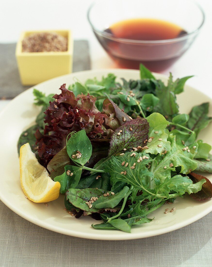 Mixed Green Salad with Sesame Seeds and Squeezed Lemon Wedge