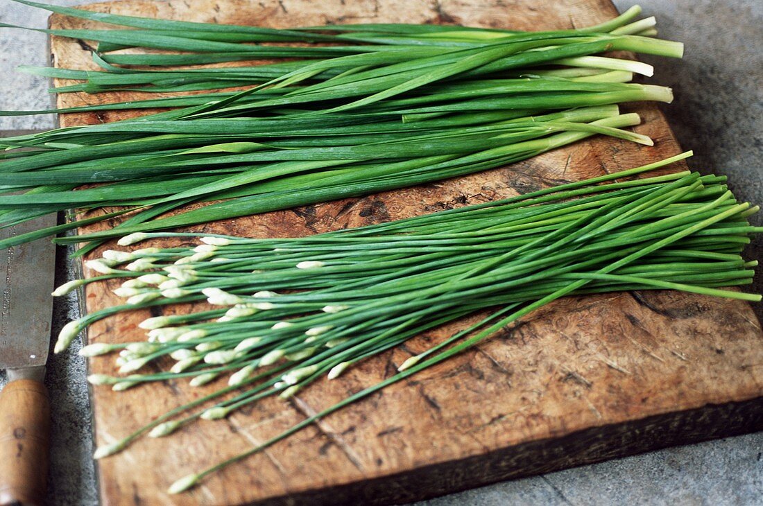 Fresh Garlic Chives on a Board