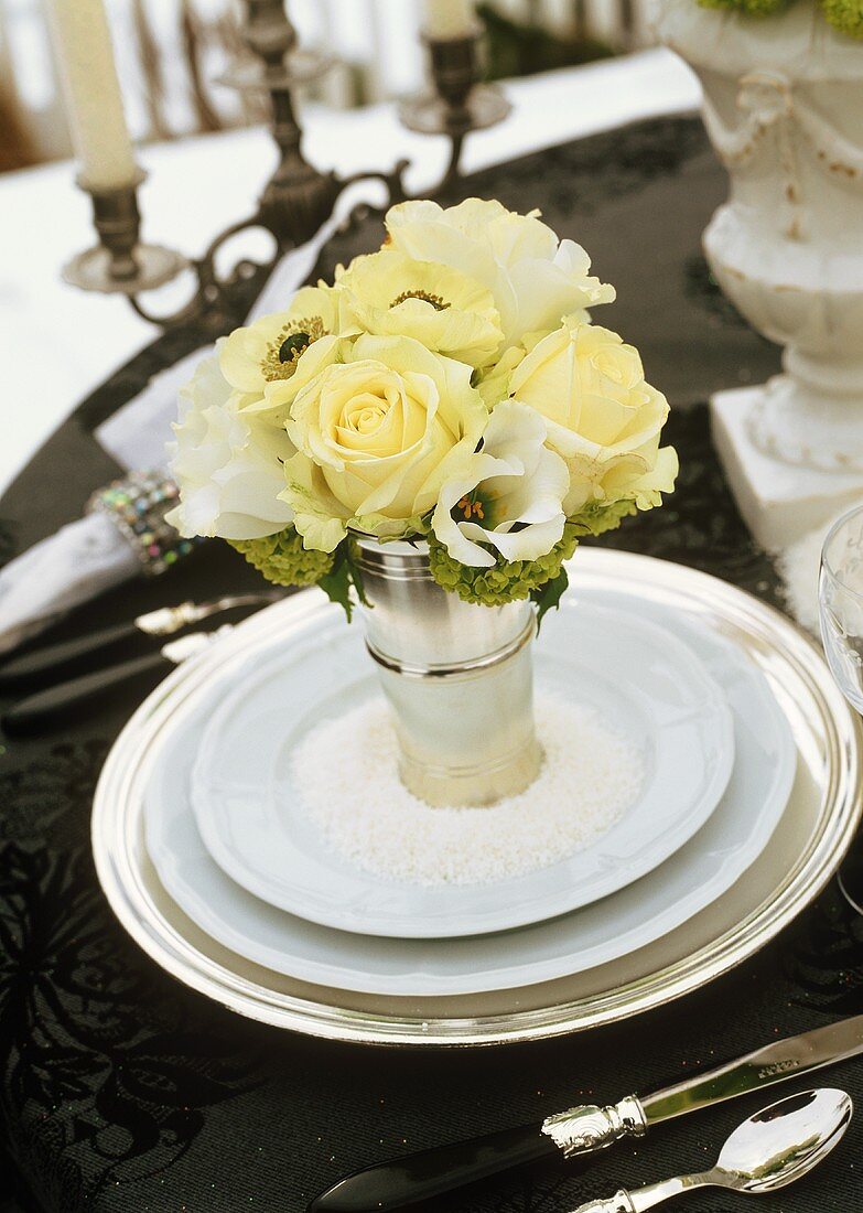 White Floral Bouquet at an Elegant Place Setting (San Moritz, Switzerland)