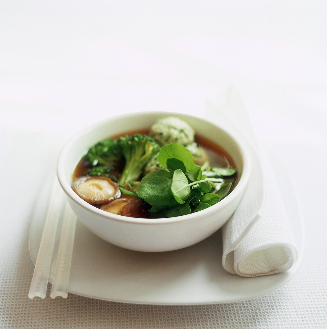 Bowl of Asian Watercress, Broccoli and Mushroom Soup with Dumplings