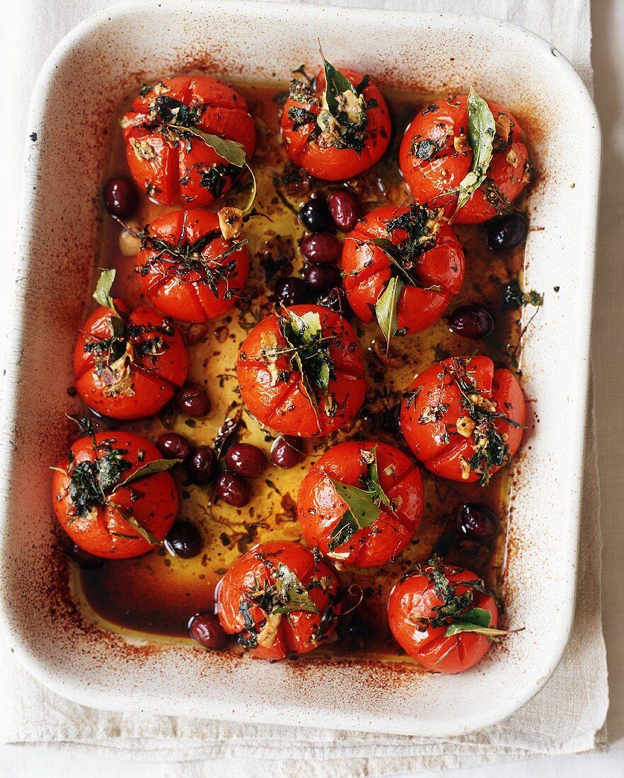 Roast Tomatoes with Olives in Roasting Dish