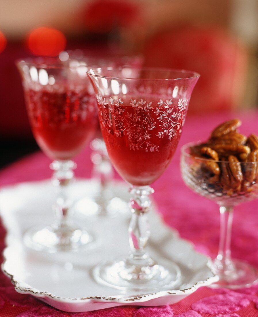 Cranberry Cocktails in Etched Glass Stem Glasses