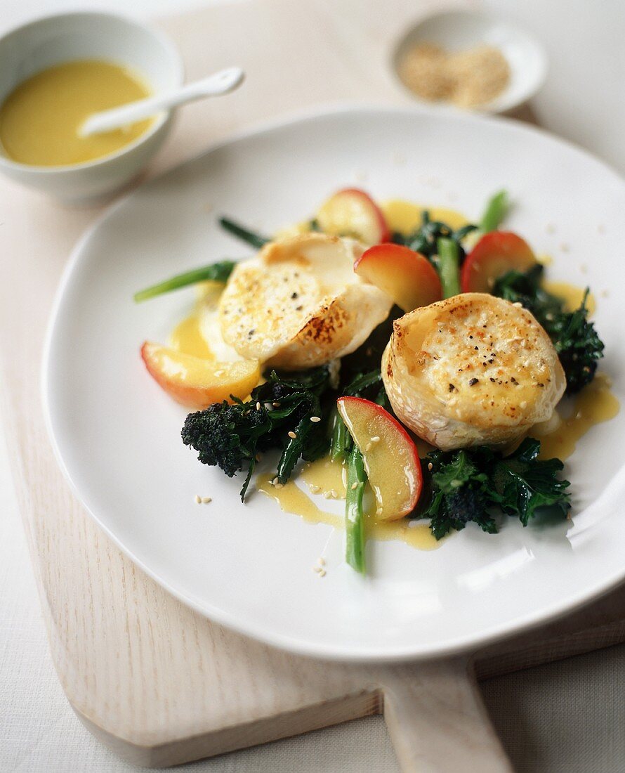 Baked Goat Cheese with Broccoli Rabe and Peaches