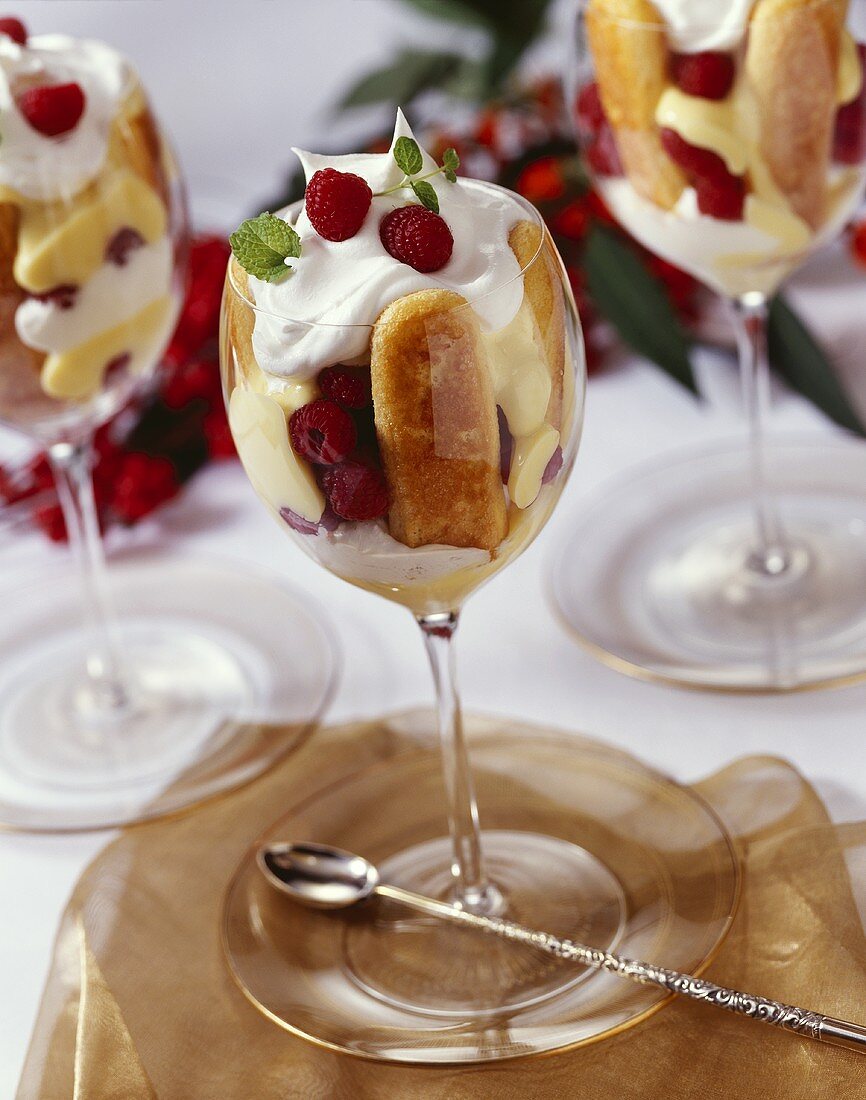 Individual Raspberry Trifles in Wine Glasses