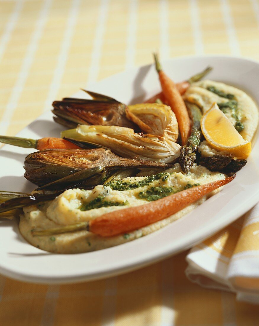 Grilled Artichokes, Asparagus and Carrots Over Whipped Potatoes
