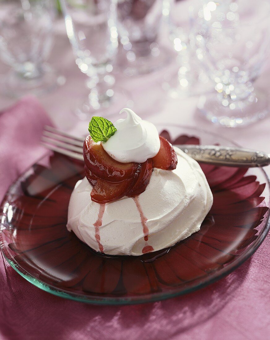 Spiced Plum Pavlova with Whipped Cream