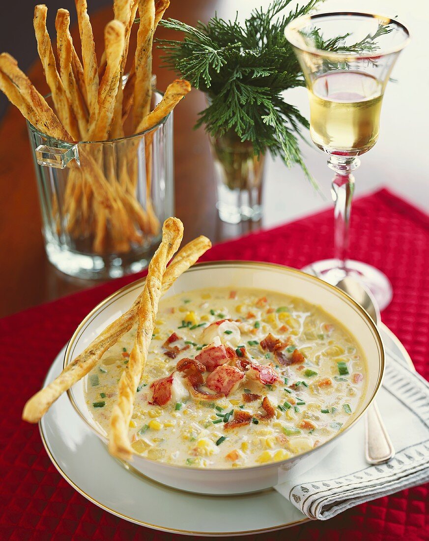 Lobster and Corn Chowder with White Wine and Grissini