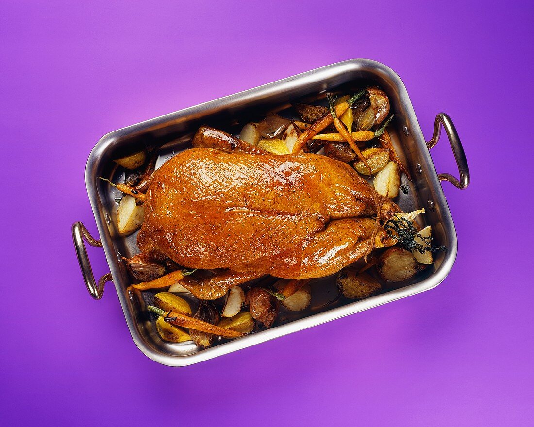 Whole Roast Duck on a Bed of Vegetables in a Roasting Pan