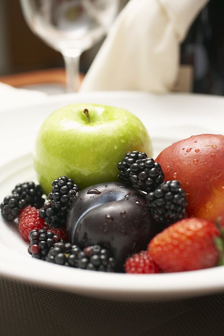 Fresh Fruit Platter with Plum, Berries and Green Apple