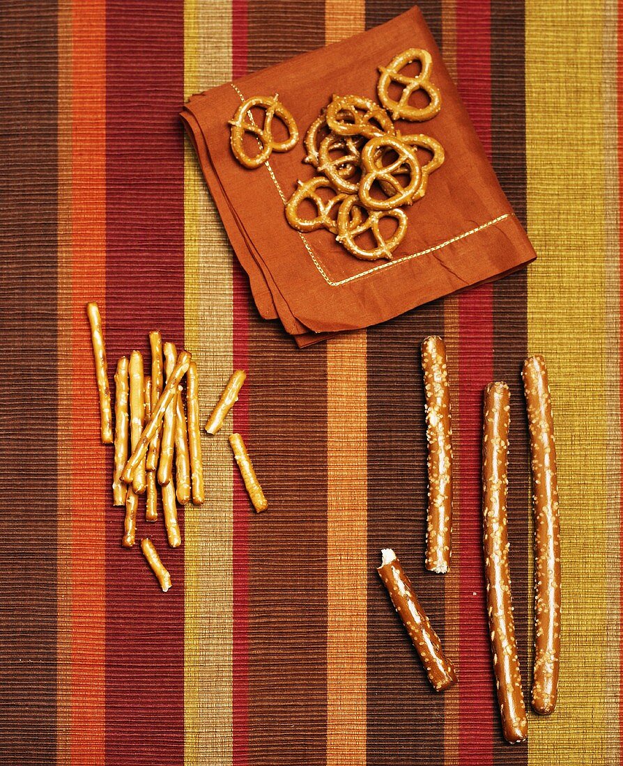 Mini-Pretzels and Salted Sticks on Striped Cloth