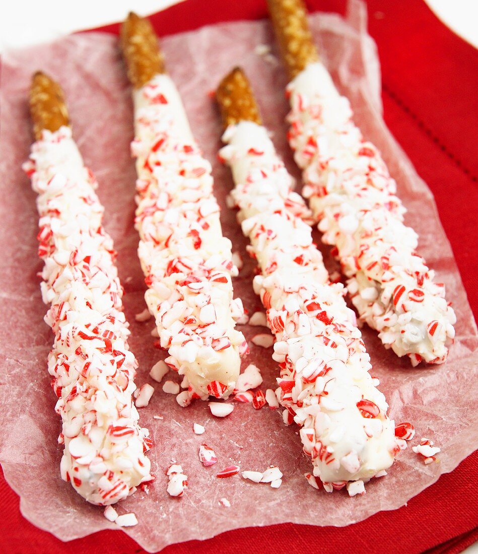 White Chocolate Covered Pretzel Sticks with Peppermint Candy