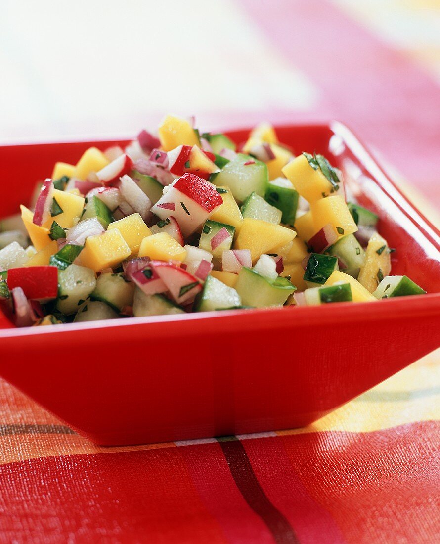 Mango Cucumber Salsa with Radishes in a Bowl