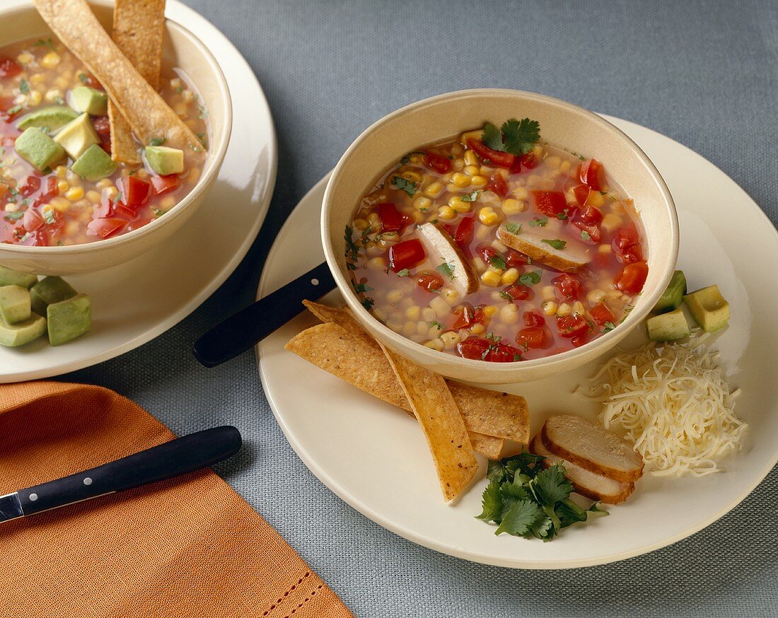 Two Bowls of Southwestern Style Soup with Corn and Chicken; Tortilla Strips