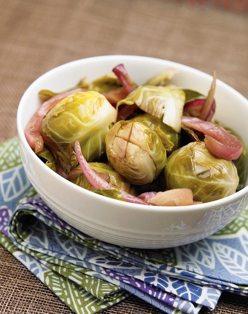 Bowl of Brussels Sprouts with Red Onion