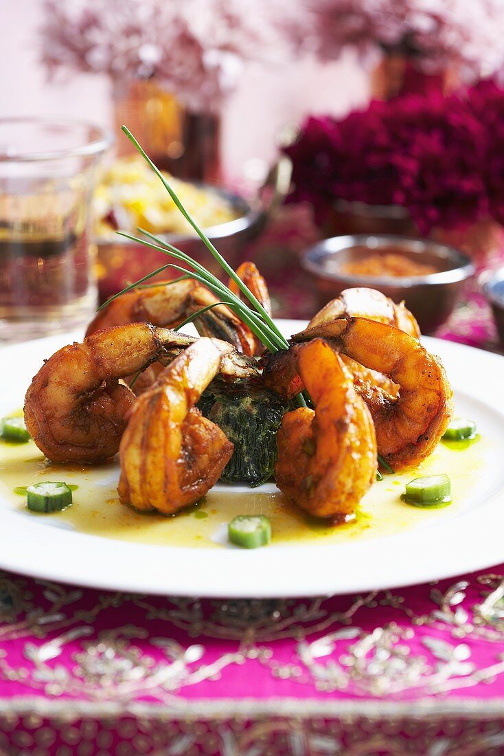 Tandoori Shrimps mit Spinat Timbal und Zitronenreduktion