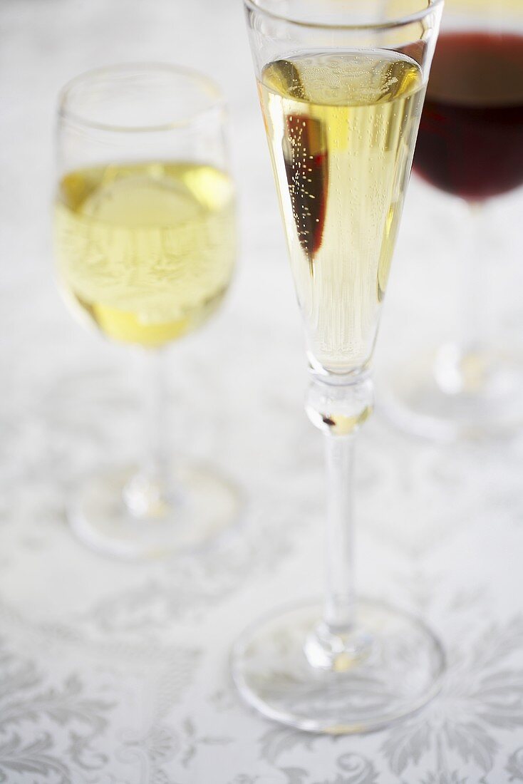 Weißwein, Rotwein und Champagner im Glas